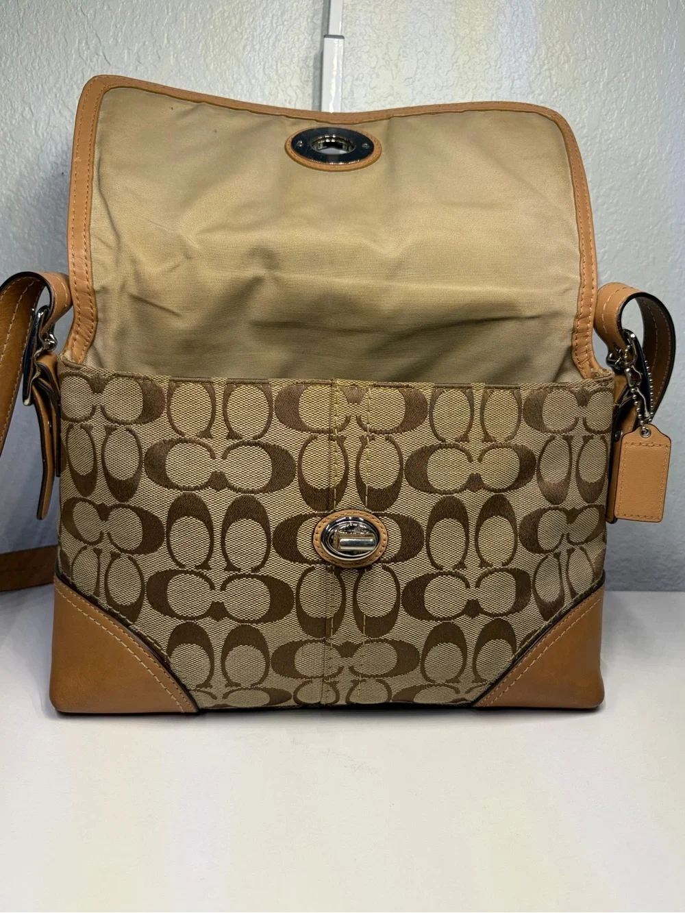 Y2K COACH Signature Jacquard Shoulder/ Crossbody Bag with Khaki/Caramel Trim